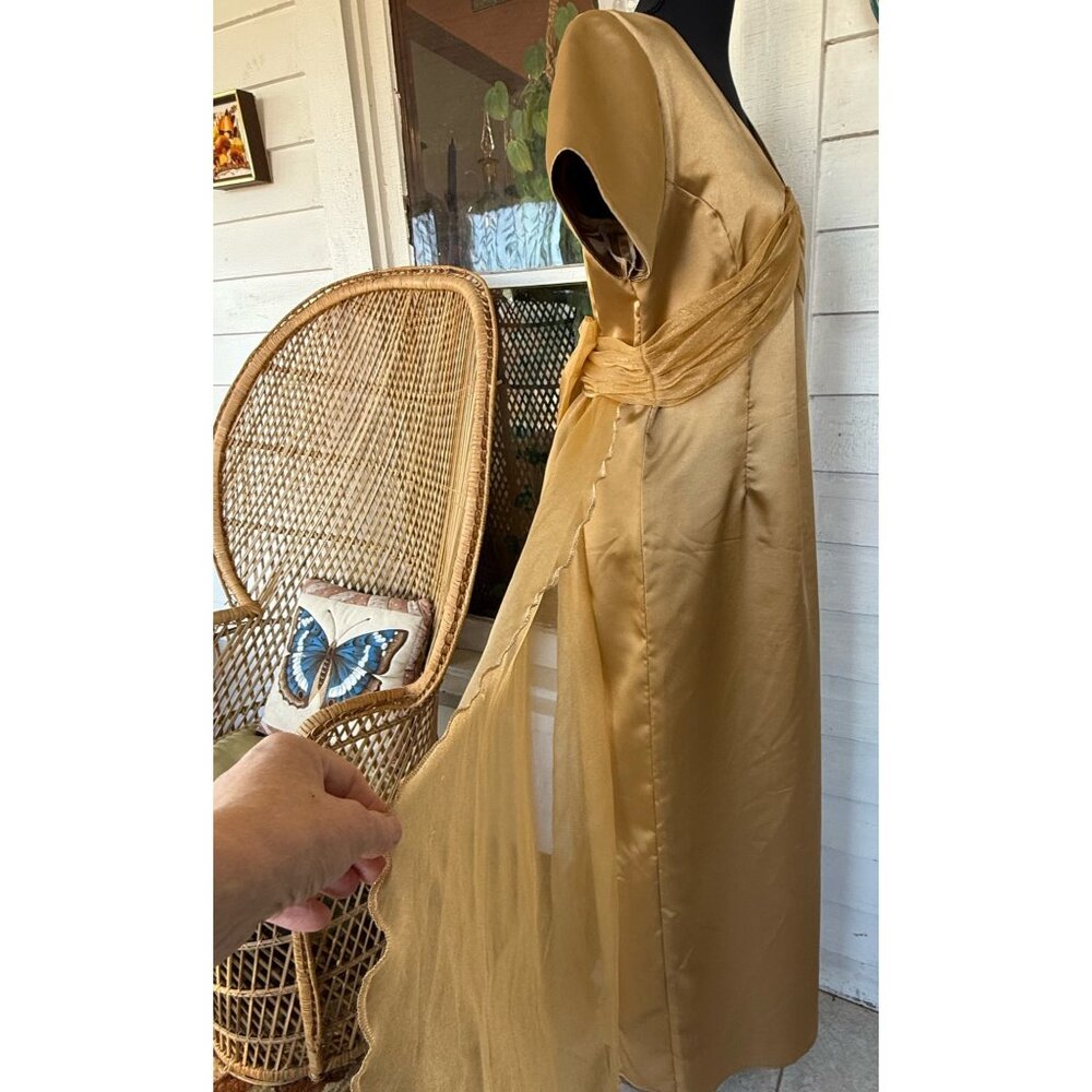Vintage 60's Gold Satin Organza Formal Dress Rhinestones Bow Back M/L - Picture 14 of 16